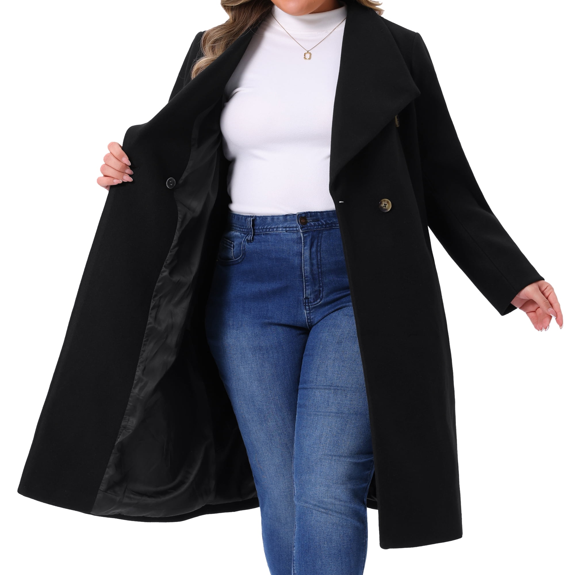DARING DIVA Women's Plus Size Classic Notch Lapel Double Breasted Trench Coat 4X Black