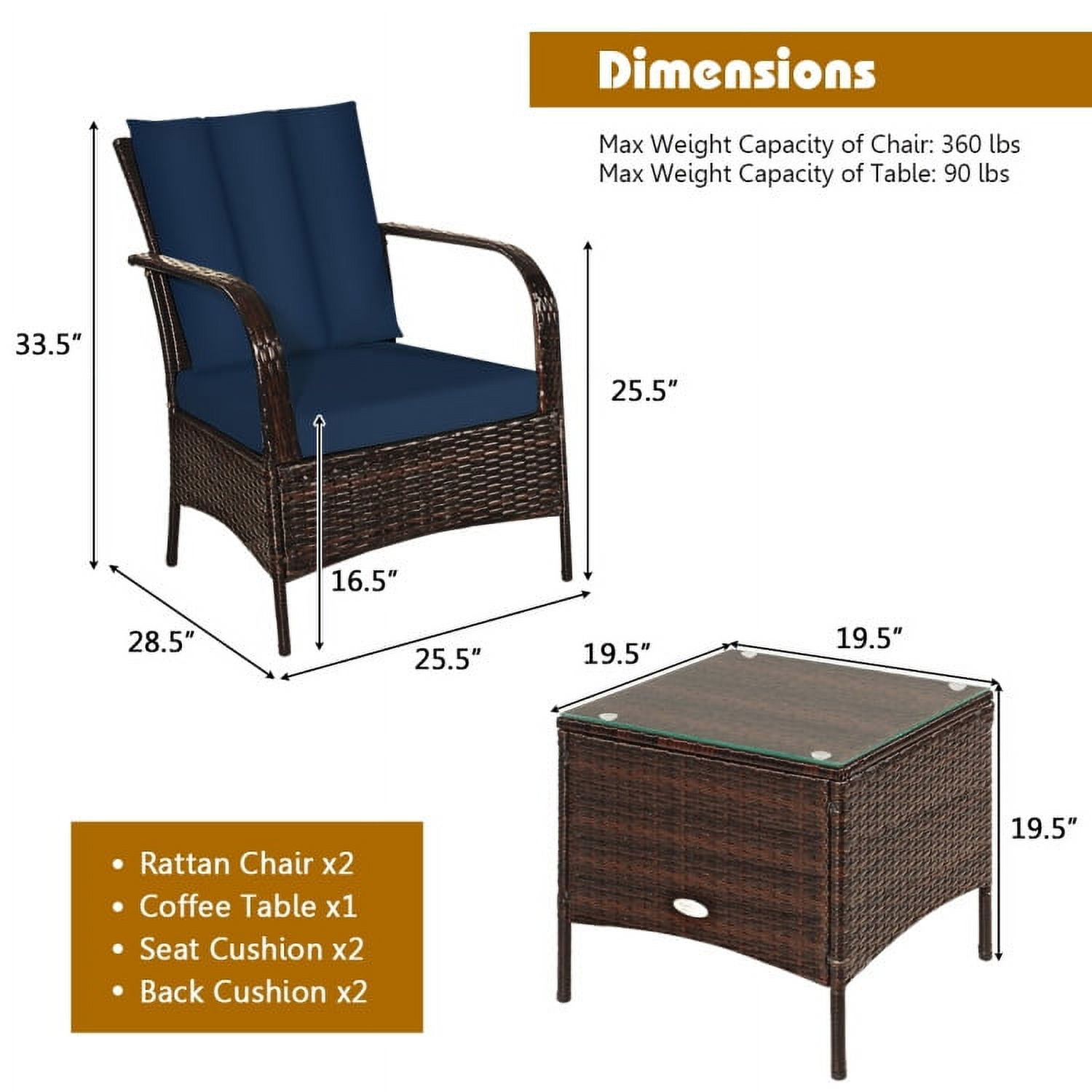 Aimee Lii 3 Pcs Patio Conversation Rattan Furniture Set, Small Patio Set with Glass Top Coffee Table and Cushions, Navy Aimee Lii 3 Pcs Patio Conversation Rattan Furniture Set, Small Patio Set with Glass Top Coffee Table and Cushions, Navy