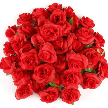 Naler 50 Pcs Red Stemless Fake Silk Roses,1.6" Artificial Flowers Heads Bulk for Valentine's Day Wedding Party Bouquets Decorations