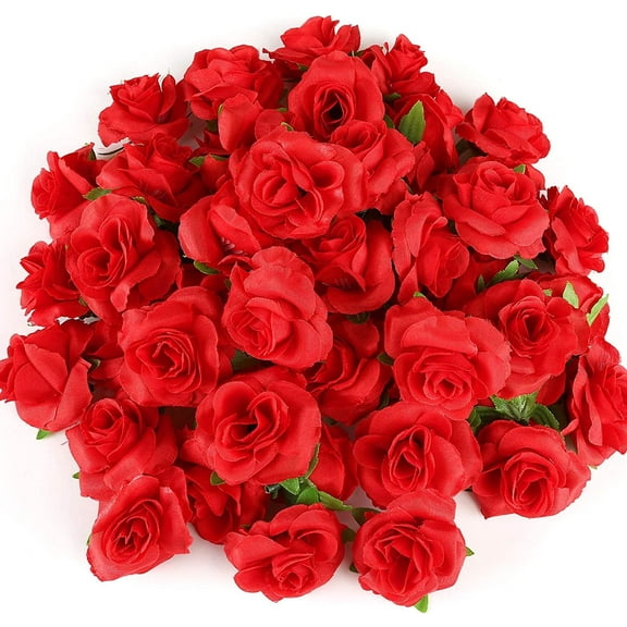 Naler 50 Pcs Red Stemless Fake Silk Roses,1.6" Artificial Flowers Heads Bulk for Valentine's Day Wedding Party Bouquets Decorations