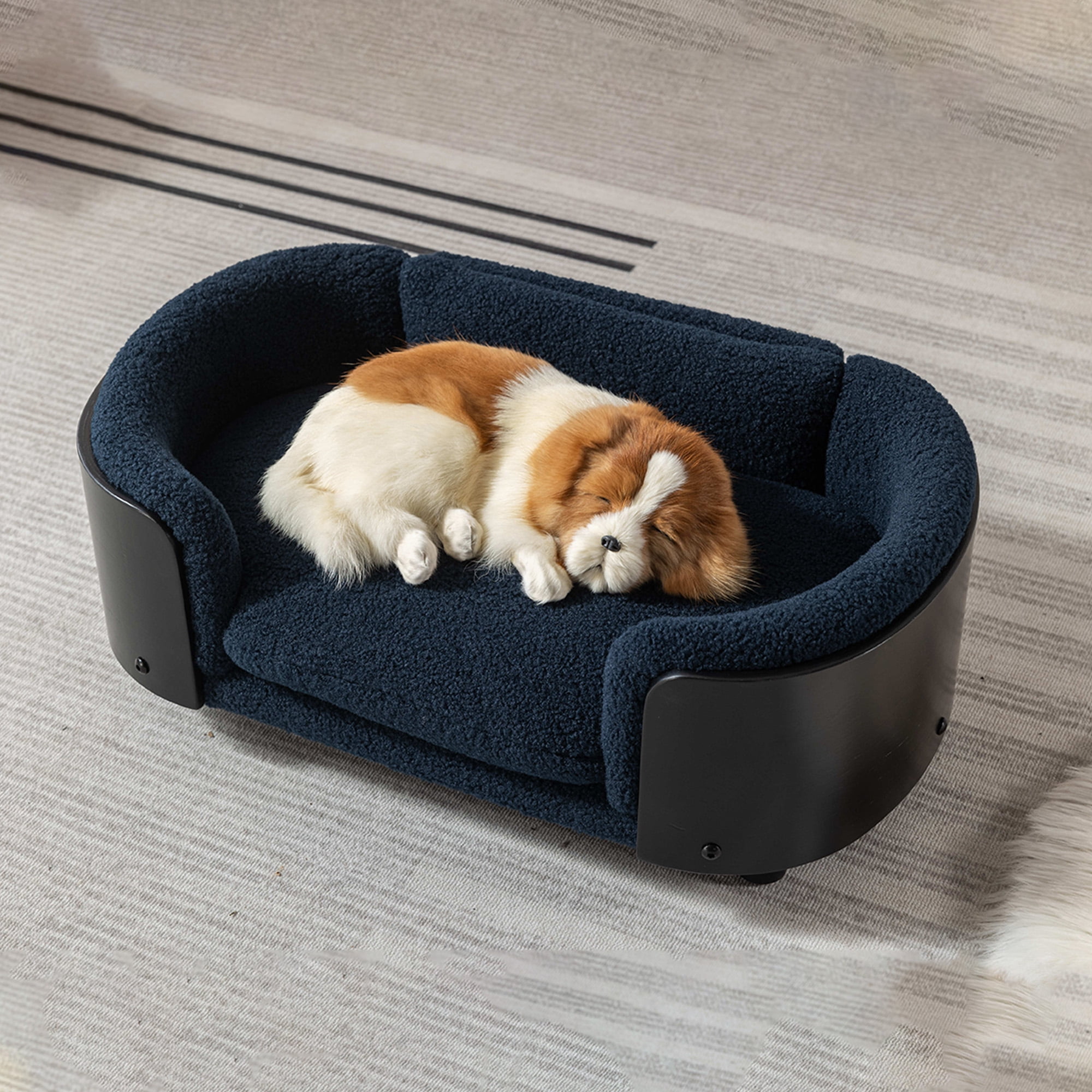 Pefilos 26" Elevated Pet Dog Bed with Solid Wood Legs and Black Bent Wood Back, Cashmere Cushion, Pet Sofa for Indoors Dogs, Dark Blue Pefilos 26" Elevated Pet Dog Bed with Solid Wood Legs and Black Bent Wood Back, Cashmere Cushion, Pet Sofa for Indoors Dogs, Dark Blue