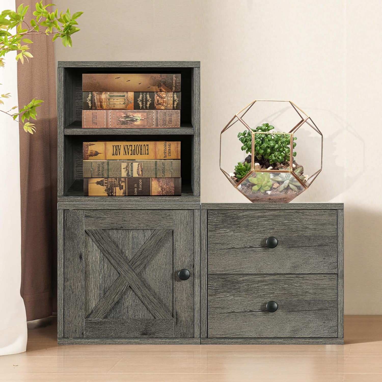 Magic DIY Cube Storage Organizer Stackable Cubes for Home Books Clothes Toy -Modular Cubby Storage System -Office Cubical -Bookcase Closet (French Oak,Door Cube)
