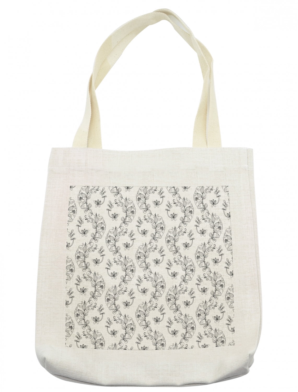 Black and White Tote Bag, Scroll and Swirls Pattern with Tiny Stems Full of Leaves and Lilies ...