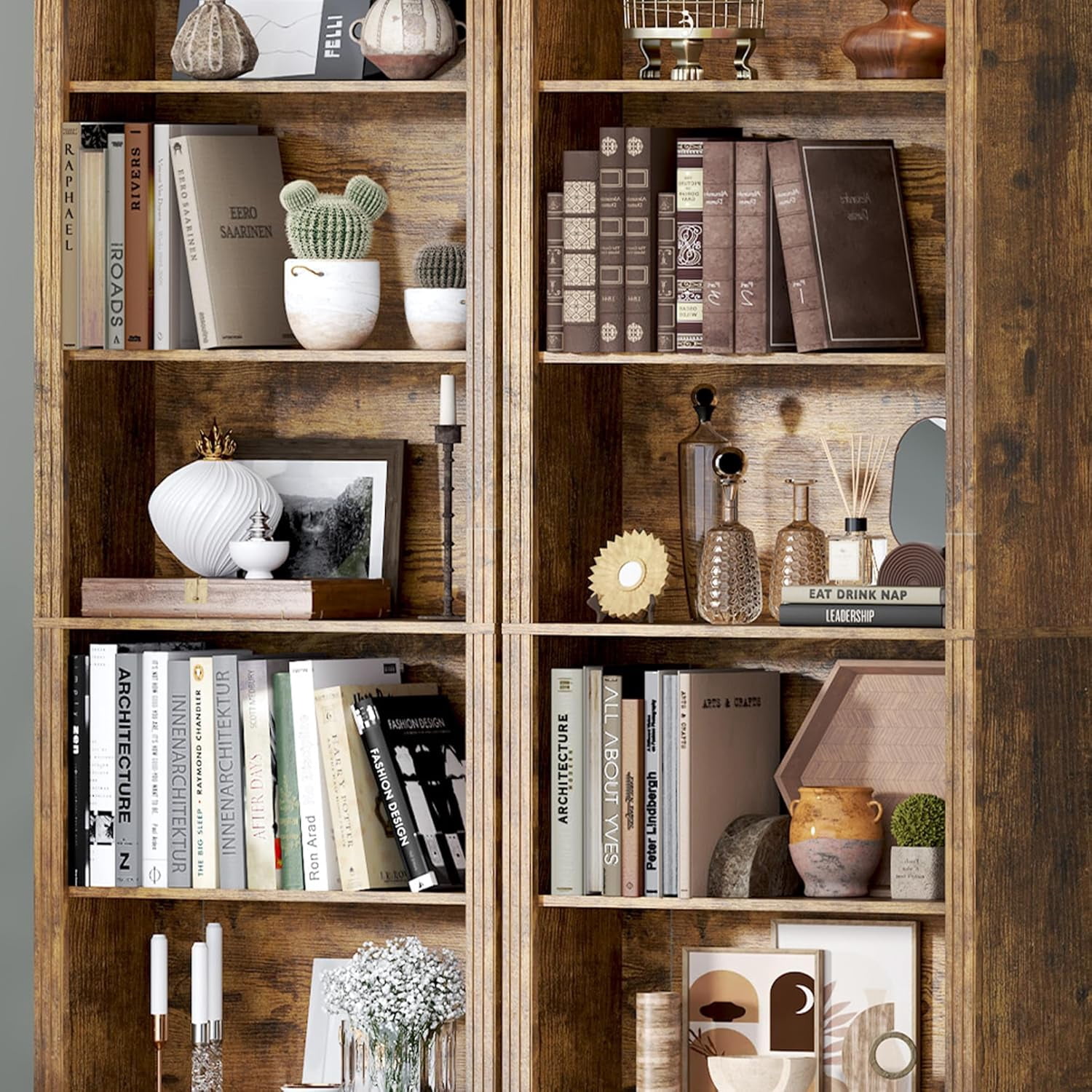 PUFFCAFE 75" Tall Bookcase,24" Wide Wood Book Shelf,6 Tier Display Storage Shelves,Brown Book Case for Home Office Living Room Bedroom Study,2 Pack
