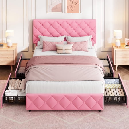 PYY Modern Upholstered Platform Bed Frame with 4 Storage Drawers - Adjustable Diamond Button Tufted Headboard - No Box Spring Needed - Full Size - Pink Linen