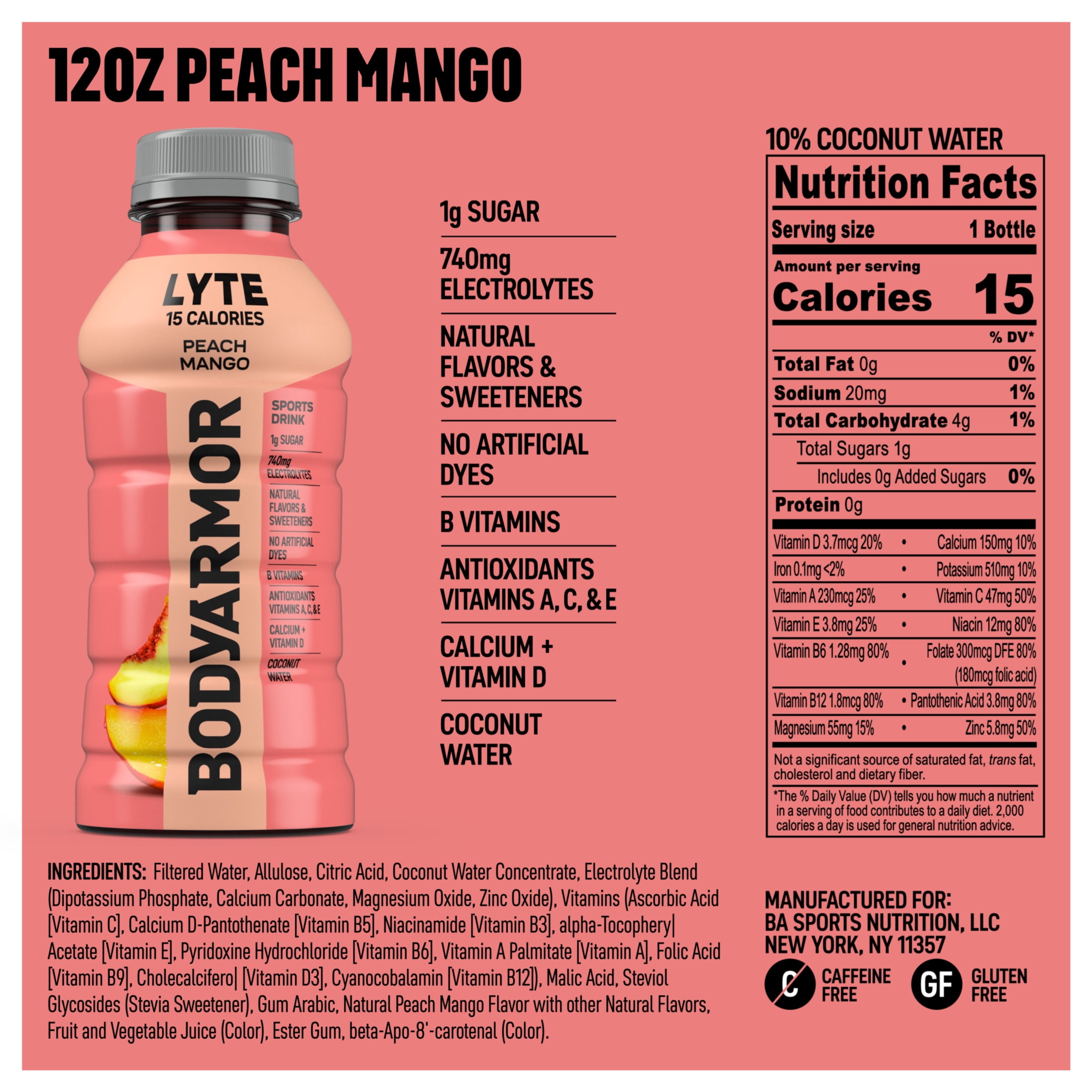 BODYARMOR Lyte Peach Mango Electrolyte Sports Drink Bottles, 12 fl oz, 8 Pack