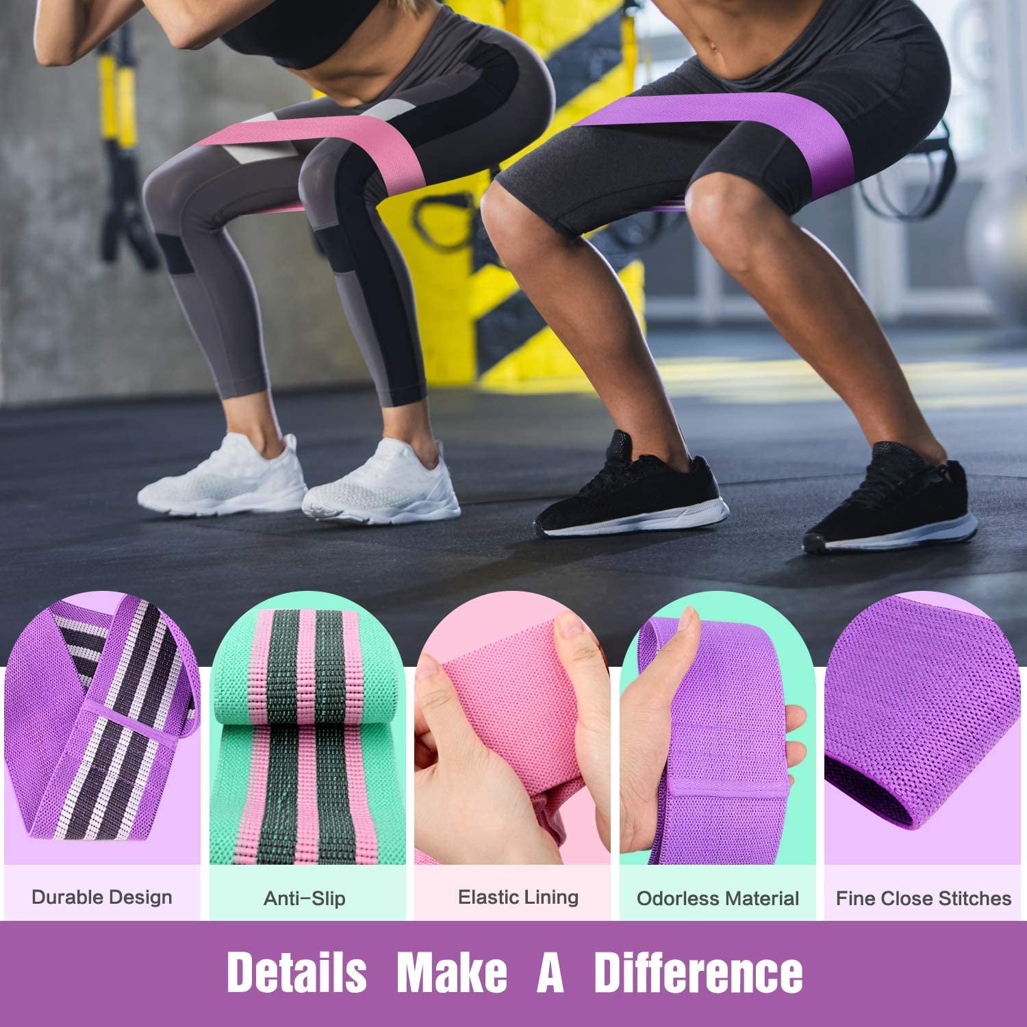 Non-Slip Fitness Bands for Women Elastic Fabric Sports Band for Squat/Glute/Hip/Thigh Loop Exercise Bands Resistance Bands for Legs and Butt 3 Resistant Levels Booty Workout Bands 