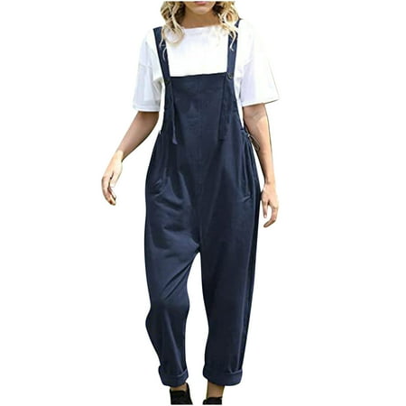 

Dasayo Navy Baggy Jumpsuits for Women Fashion Casual Solid Drawstring Pocket Romper Long Playsuit Strap Button Jumpsuit