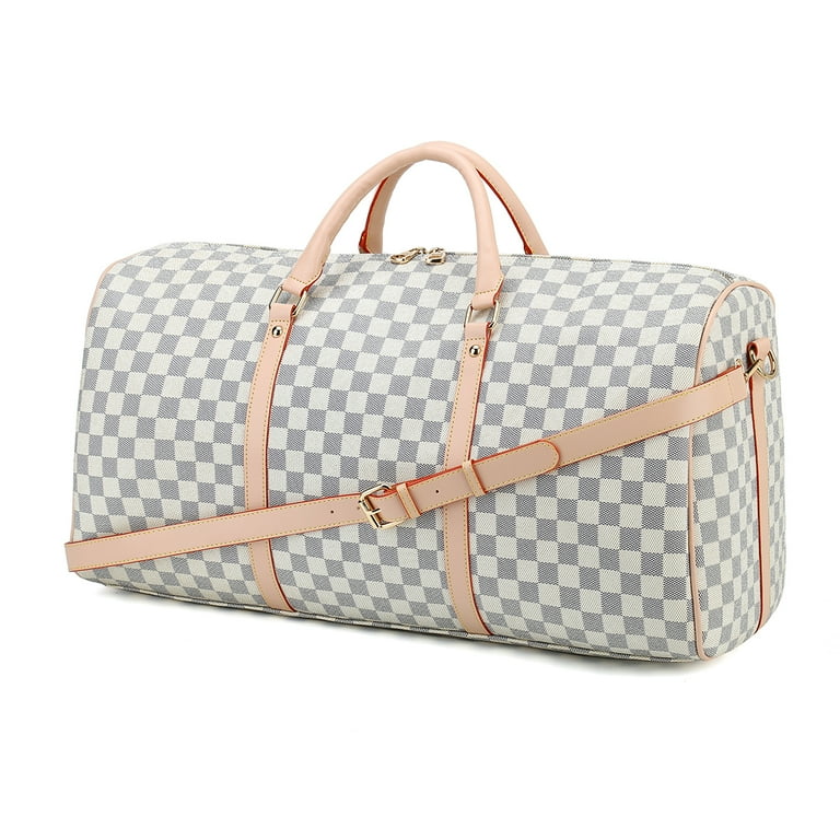 RICHPORTS Checkered Travel PU Leather Weekender Overnight Duffel Bag Shoulder tote Handbag Travel Gym Bag Mens Women white Checkered