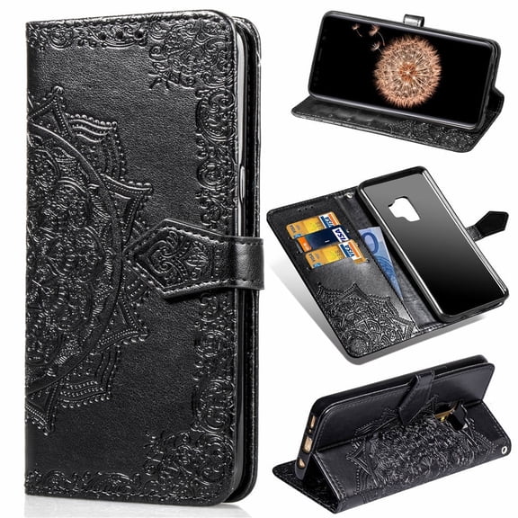 Galaxy S9 Wallet Cases and Covers, Allytech Slim Premium PU Flip Stand Cover Mandala Embossed Full Body Protection with Card Holder Magnetic Closure for Samsung Galaxy S9 Phone, Black