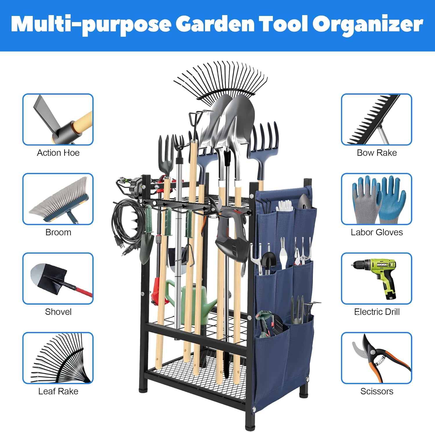 Freestanding Garden Tool Rack, 3-Tier Heavy Duty Organizer with Hooks and Pockets for Shovels, Rakes, Brooms – Outdoor Yard Storage Solution