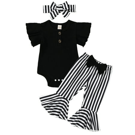 

Musuos 3 Pcs Baby Girl Short Sleeve Romper Tops Bow-knot Flared Pants Headband