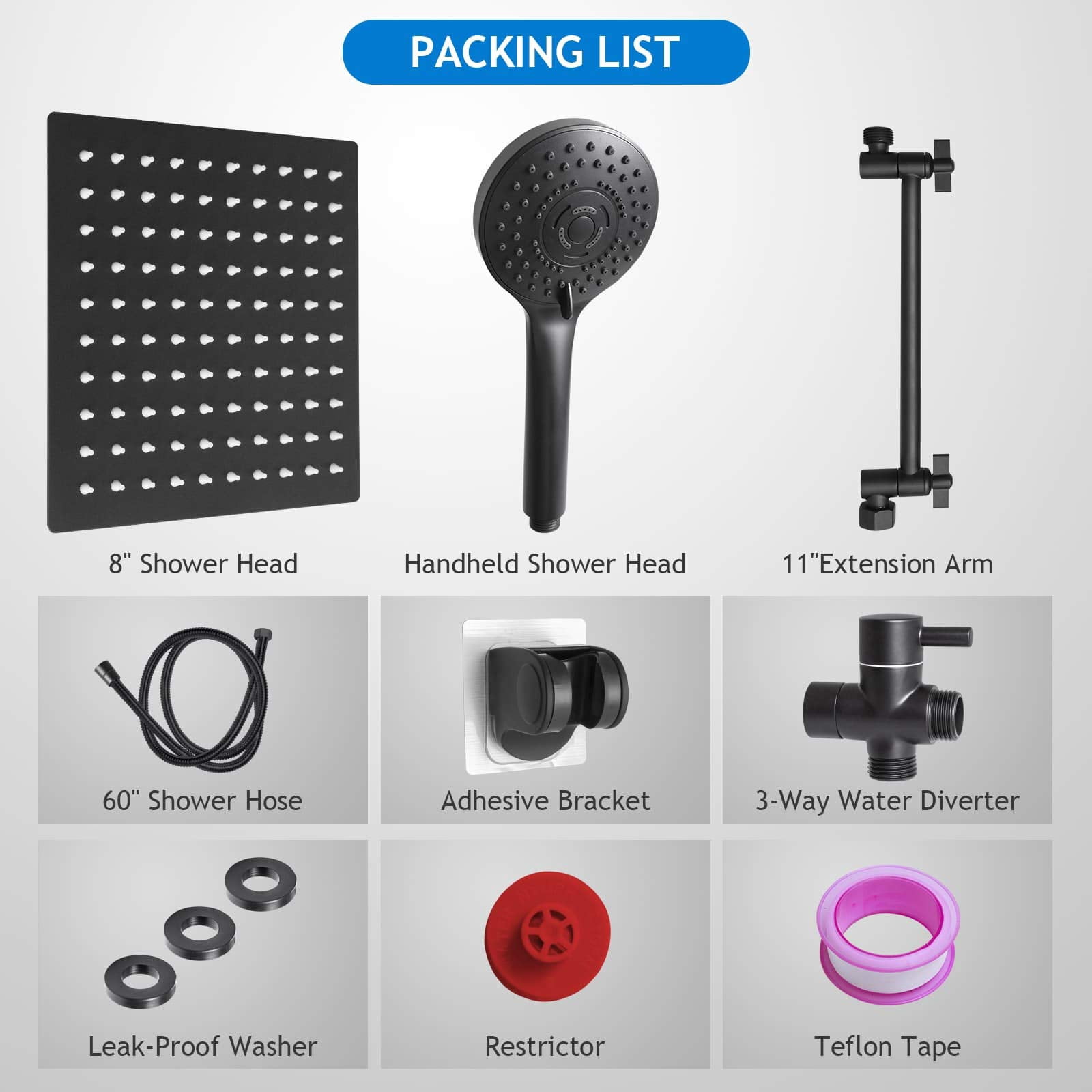 8" Showerhead Set Matte Black Multi-Use Bath Accessory