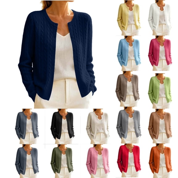 Cable Knit Cardigan Sweater for Women Long Sleeve Crew Neck Button Front Casual Cropped Layering Outerwear Jacket, Navy M