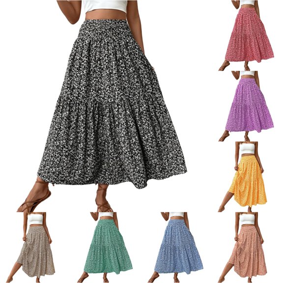 Unir Women Scattered Tiny Ditsy Floral Three Tier Flow Four Way Stretch Maxi Skirt Elastic High Waist Casual Long Bottom 1PC S-XL Plus Size Friendly