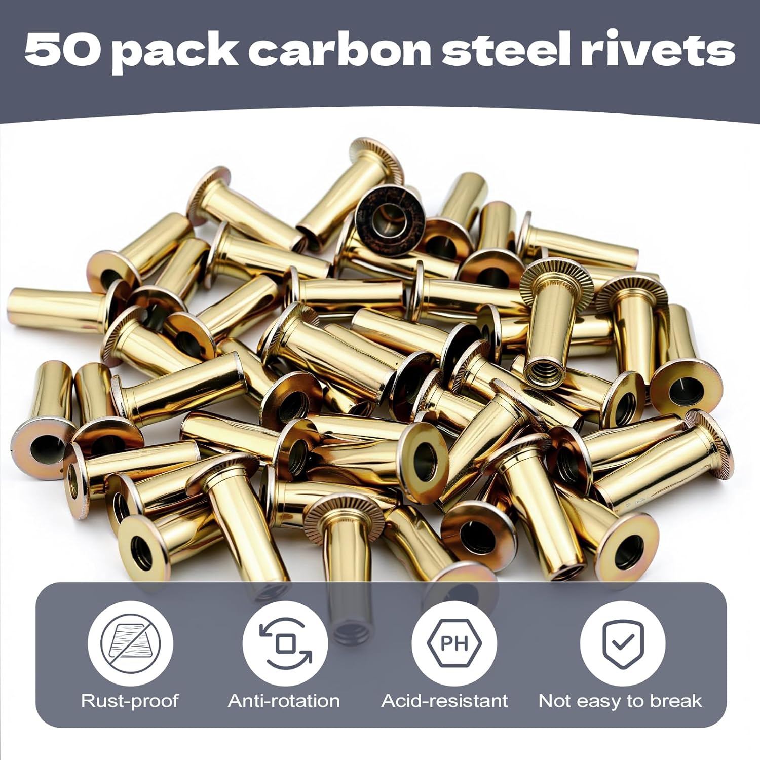 1/4-20 Multi Grip Rivet Nut Kit, 50pcs Rivet Nuts, Steel Pre-Bulbed Shank Plus Nuts,Zinc-Plated Flat Head Threaded Insert Nut Construction Fasteners for Industrial