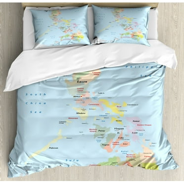 Phillipine Duvet Cover Set Queen Size, Philippines Administrative Political Map Cities and Seas Cartography Themed, Decorative 3 Piece Bedding Set with 2 Pillow Shams, Multicolor, by Ambesonne