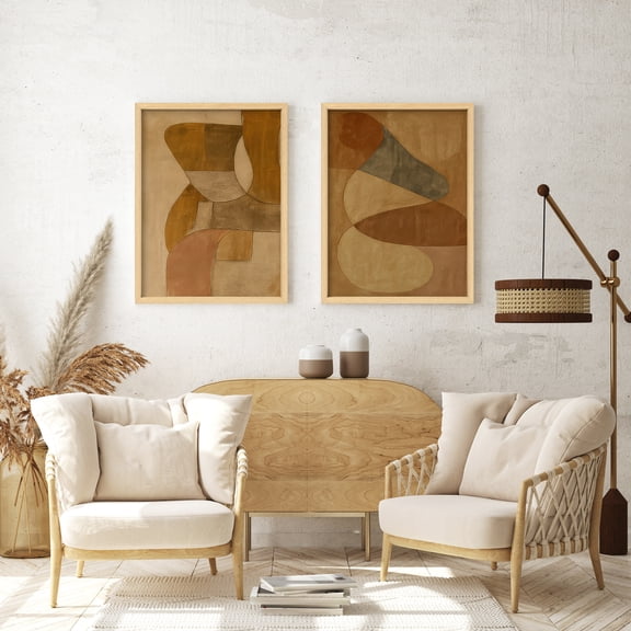 Framed Print Wall Art Set of 2 - Neutral Abstract Color Blocks Poster Art - 2 Pieces Modern Boho Wall Decor for Living Room - 12"x16"x2 Natural