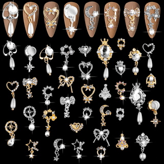 2 Pcs 3D Dangle Nail Charms Nail Jewelry Rhinestones Heart Pearl