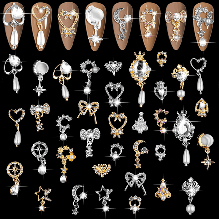 36 Pcs Luxury Nail Art Rhinestone, Kalolary 3D Shiny Nail Art Charms Diamonds Metal Nail Jewelry Nail Beauty Design Charms Gold Silver Heart Pearl Crystal Gems for Girl Women DIY Nail Design