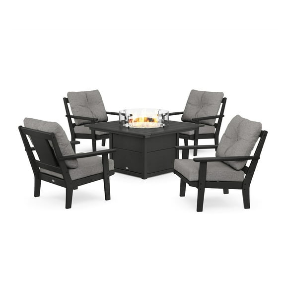 POLYWOOD® Prairie 5-Piece Deep Seating Set with Fire Pit Table in Black / Grey Mist