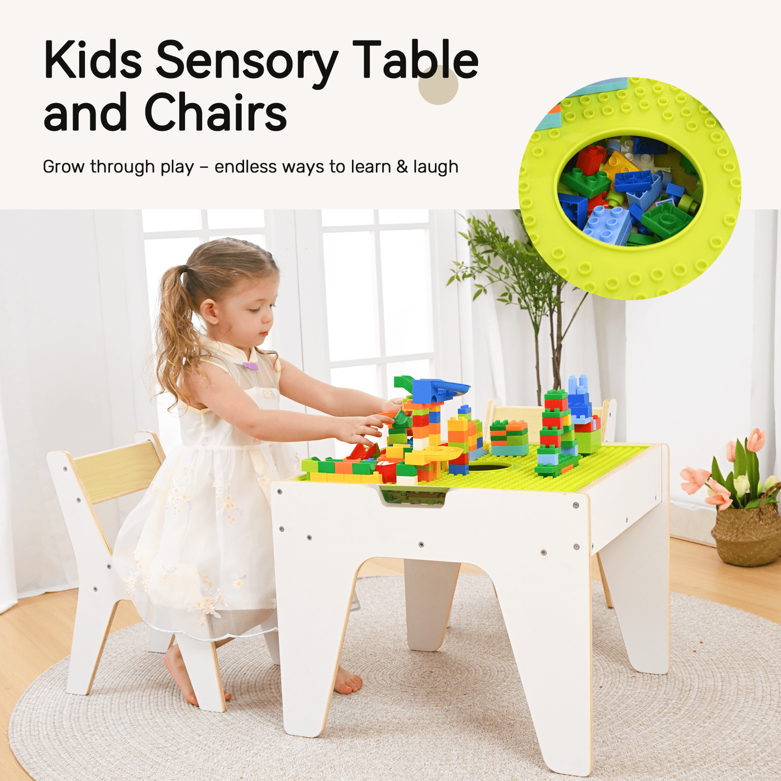 Kids Table and Chair Set, Reversible Wooden Activity Table with Board and Building Bricks Tabletop, 3 in 1 Wooden Toddlers Tables for Arts, Crafts