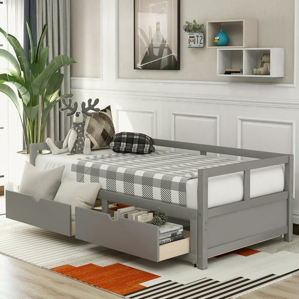 Wooden Daybed With Trundle Bed And Two, Twin Daybed With Trundle And Storage Drawers