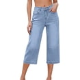 thumbnail image 2 of Capri Jeans for Women Elastic High Waist Relaxed Fit Washed Blue Wide Straight Leg Denim Capris with Pockets Cropped Jeans, 2 of 9