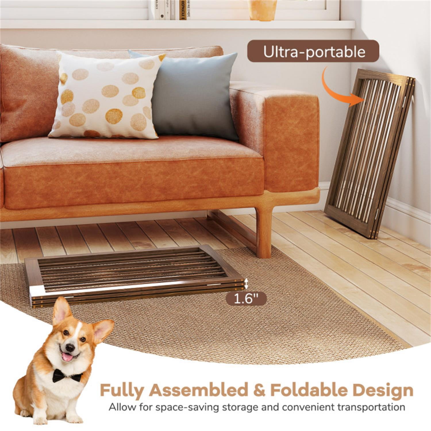 Pefilos 17.5" Freestanding Pet Dog Gate for House Doorway Stairs Indoor Wooden Dog Fence 3 Panels Foldable, Beige