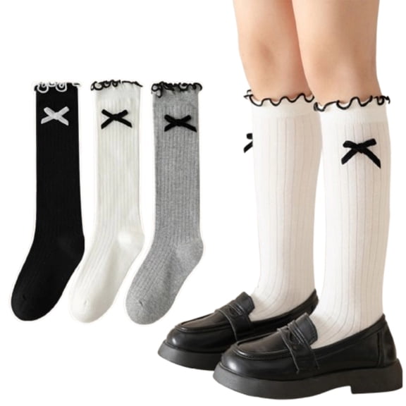3 Pairs Girls Knee High Socks Ruffle Bow Cotton Socks Cute Preppy Cotton Socks Kids School Uniform Sock for School 3-12Y