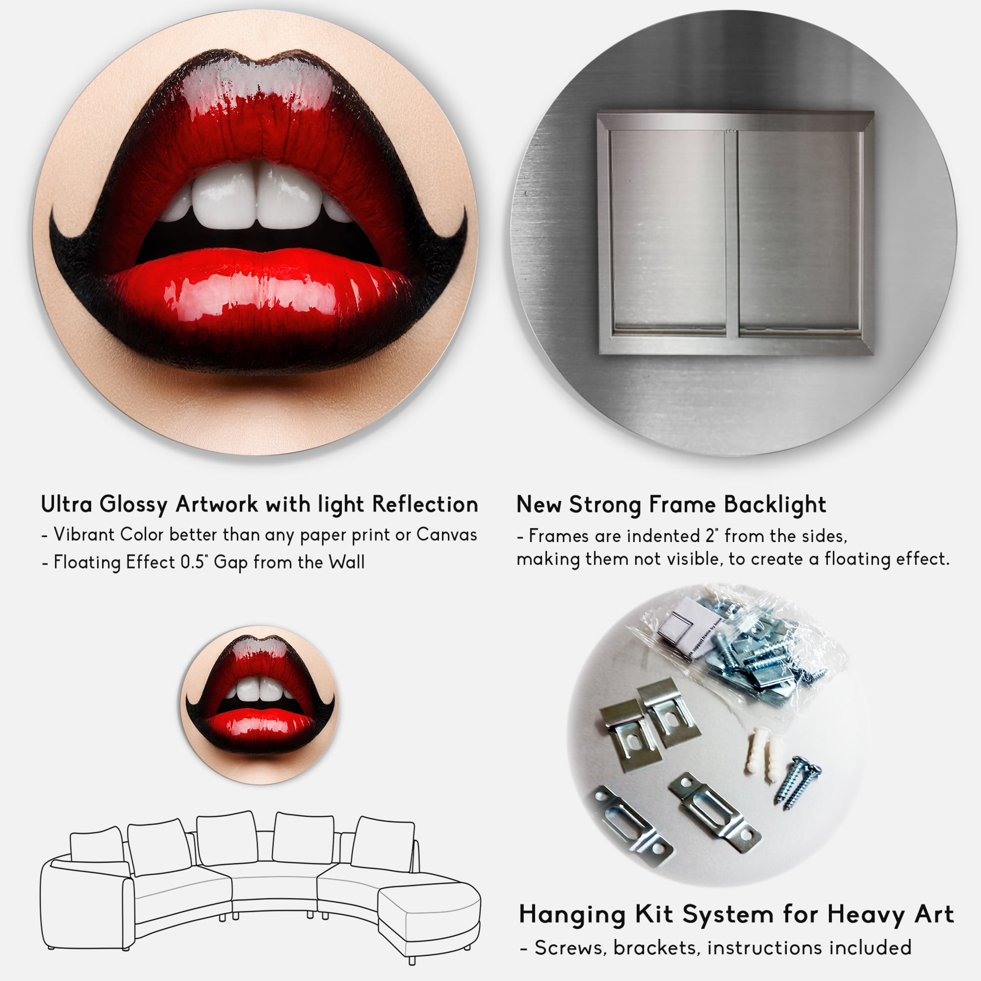 Designart 'Woman Lips With Red and Black Lipstick' Modern Circle Metal Wall Art 11x11 - Disc of 11