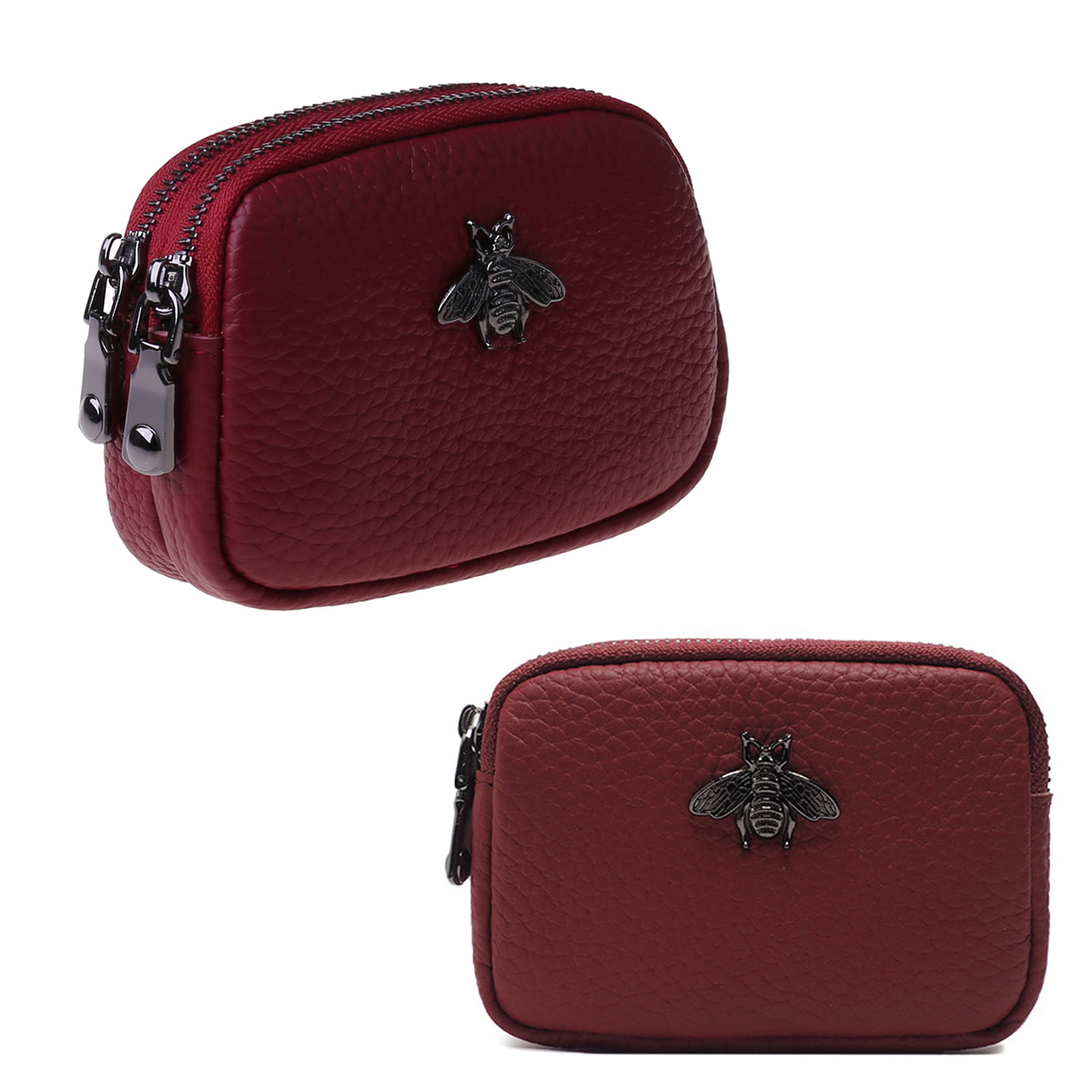 1PC Red Womens Cowhide Leather Coin Purses Double Zip Pocket Clutch with Keyring 