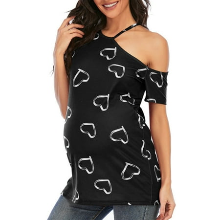 

NIUREDLTD Summer Maternity Blouse Women Off-the-shoulder Love Printed Top Short Sleeve Maternity T-shirt