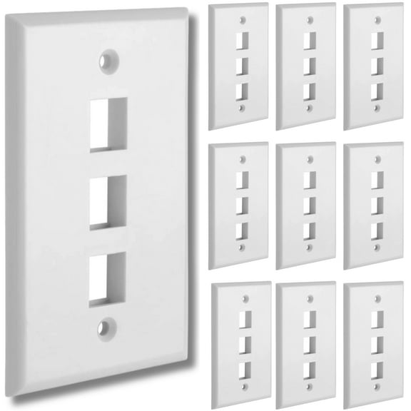 Cmple - [10 PACK] 3 Port Keystone Wall Plate Single-Gang Wall Plate with Standard Size Keystone Jack Insert - White