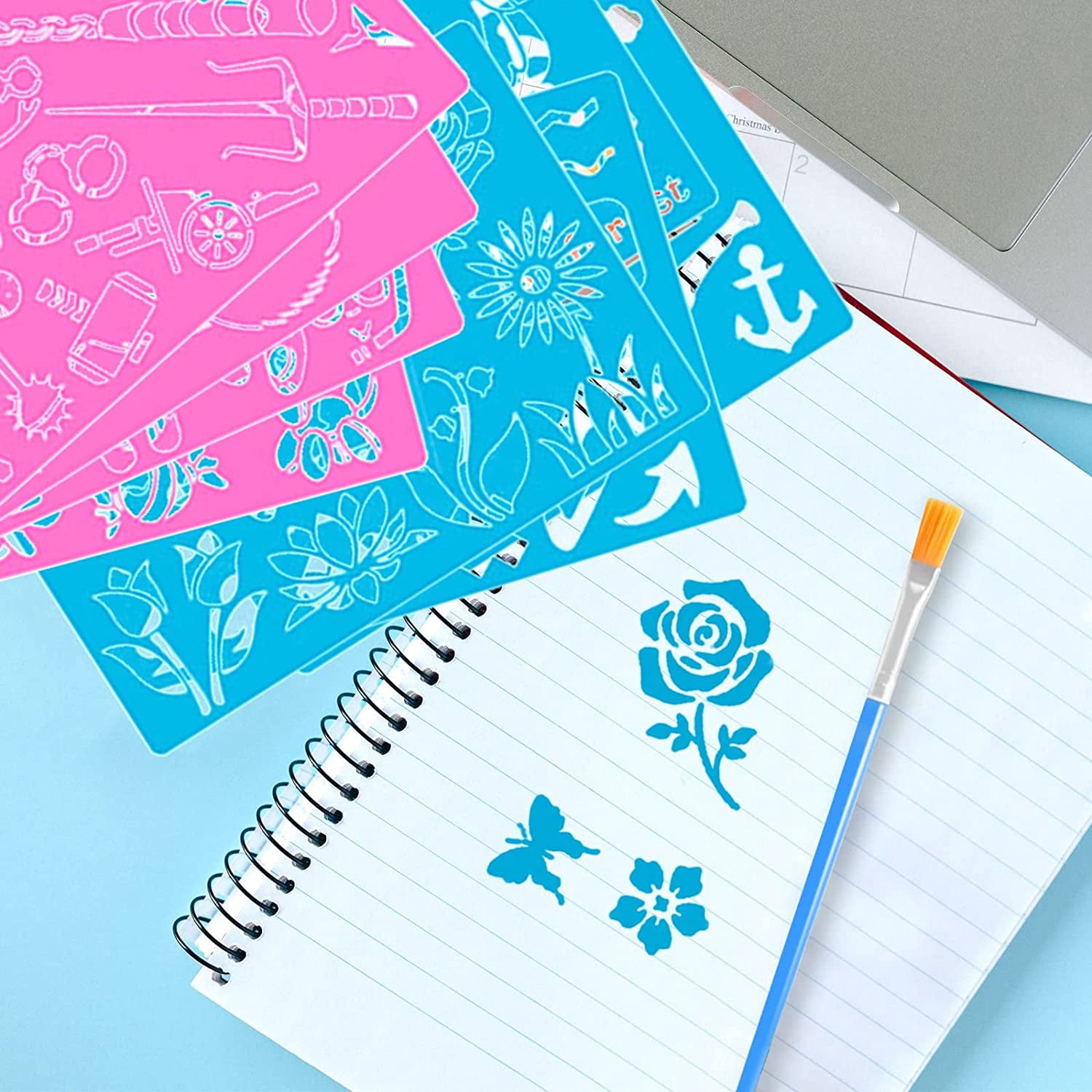 VEGCOO 24PCS Drawing Stencils for Kids Bullet Journal Stencils Over 300 Patterns with A Paintbrush Drawing Templates for Crafts Girls Boys Gift