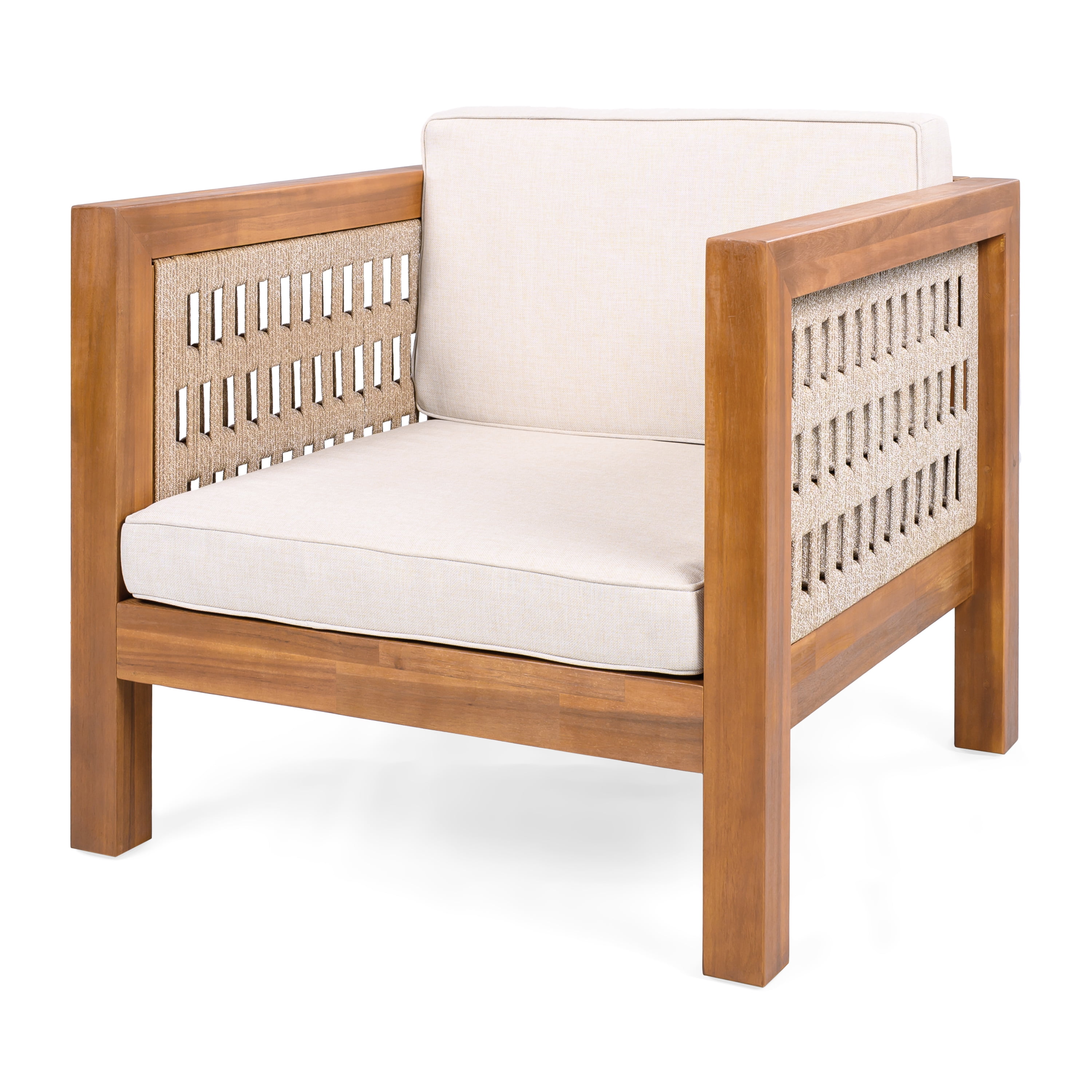 Acacia Wood Outdoor Club Chair with Beige Rope Arm and Beige Cushions for Patio Garden Deck, Teak