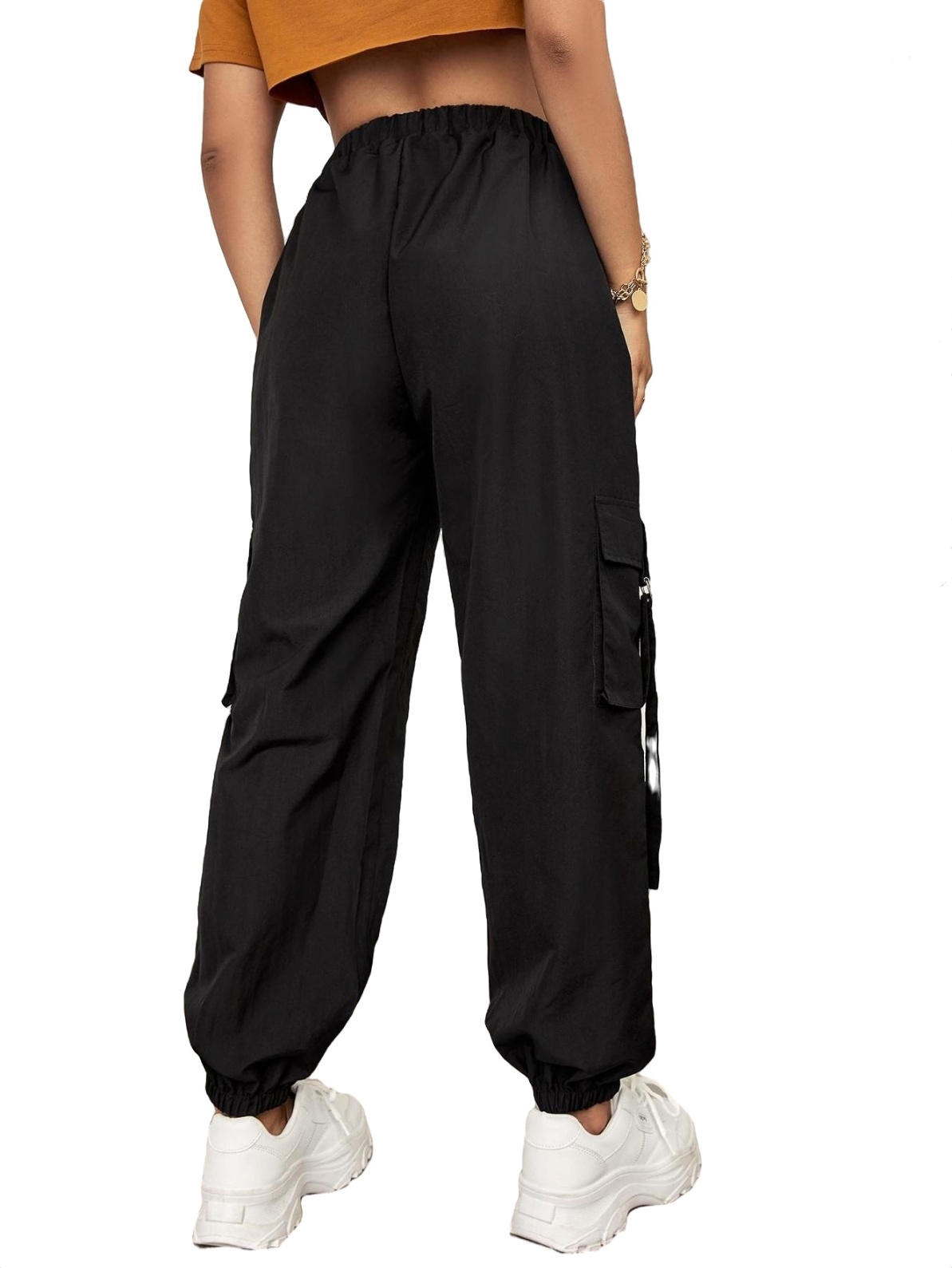 Women's Elastic High Waist Side Pocket Cargo Pants Black 