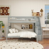 Twin over Full Stairway Bunk Bed with Storage, Gray