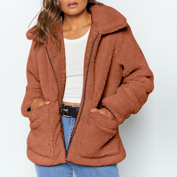 Chaqueta de mujer Piel sintética esponjosa Color sólido Cuello vuelto Bolsillos de manga larga Abanopi Chaqueta de mujeres