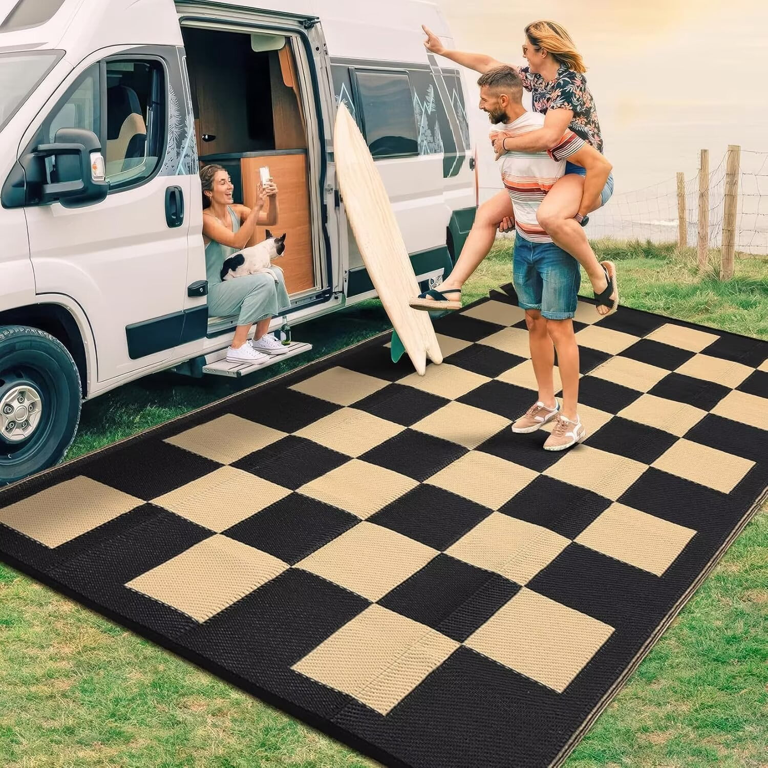 GlowSol 9'x18' Outdoor Rug Modern Checkerboard Plastic Straw Rug Waterproof Reversible Mat Outdoor Rug for Camping Patio Picnic, Black Coffee