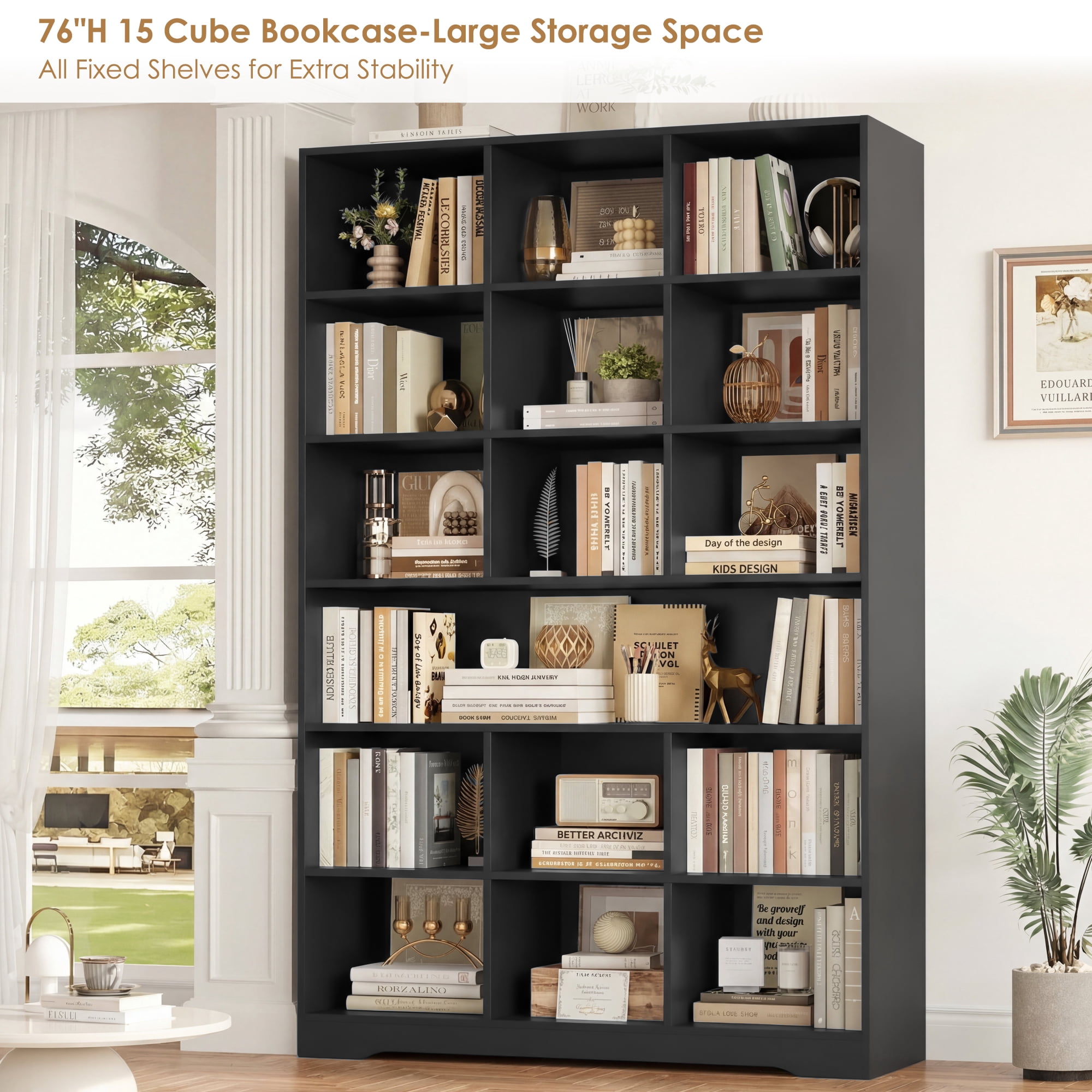 Hiphuta 76"H x 47"W Wood 6-Tier Standard Bookcase, Tall Bookcase for Bedroom, Freestanding 18 Cubes Display Storage Shelves, Living Room and Office, Black