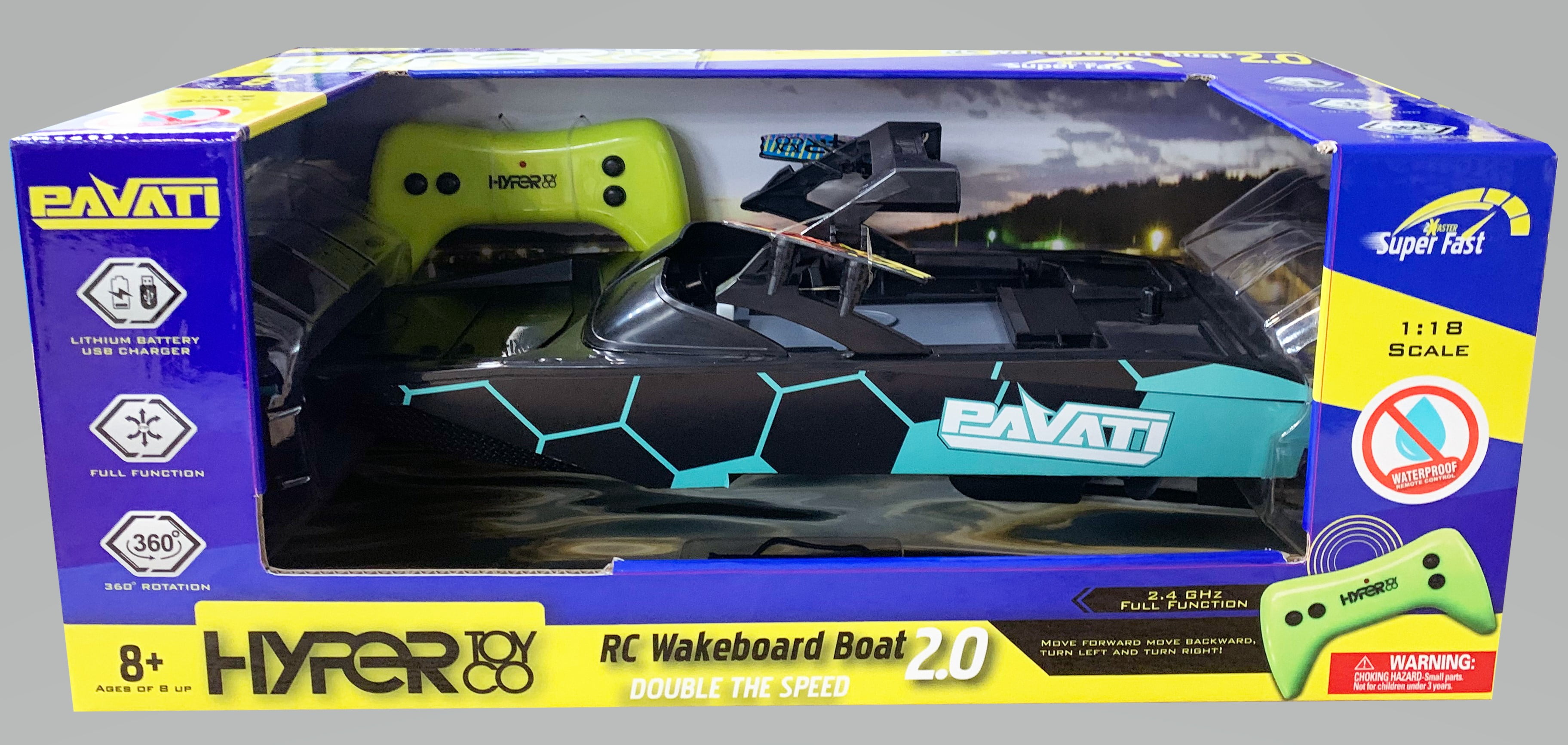 1:18 Electric Blue and Black Pavati 2.0 Remote Control Wakeboard Boat from Hyper Toy Company!