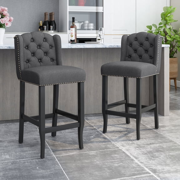 Set of 2 Charcoal Wingback Counter Stools, 31" Height Tufted Fabric Bar Stools with Rubberwood Legs (20.5"W x 24"D x 45.25"H)