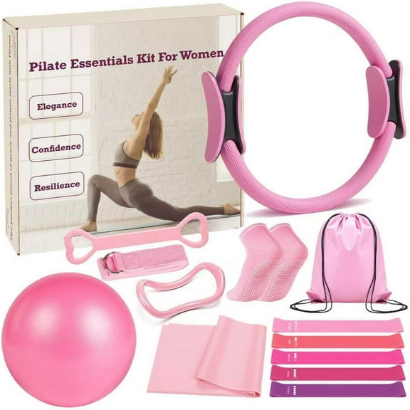 Pilates Ring and Ball Set, Pilates Essentials Kit for Women, 13-Piece Home Pilates Equipment Set,Includes Pilates Ring, Resistance Bands, Yoga Ball etc- for Women's Home Workouts & Beginners(Pink)