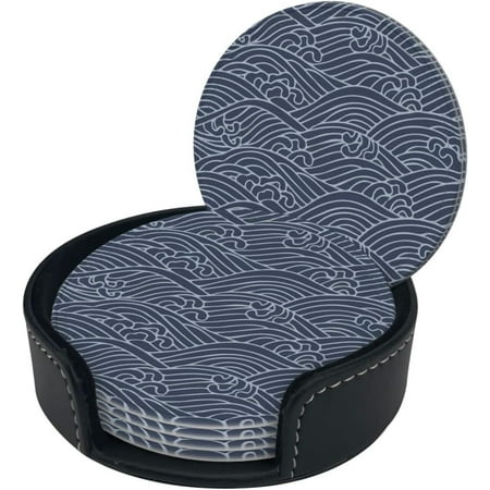 

Round Coaster Set of 6 with Holder Tsunami-Big-Waves-Japen-Culture Leather Coasters for Drinks