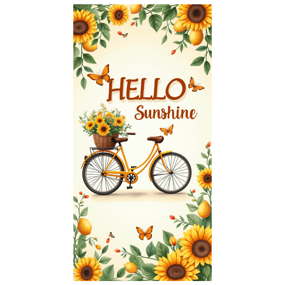 Decorative Design Hello Sunshine Sunflower Summer Banner Bicycle Basket Nature Illustration for Garden Party Indoor Decoration Outdoor Event