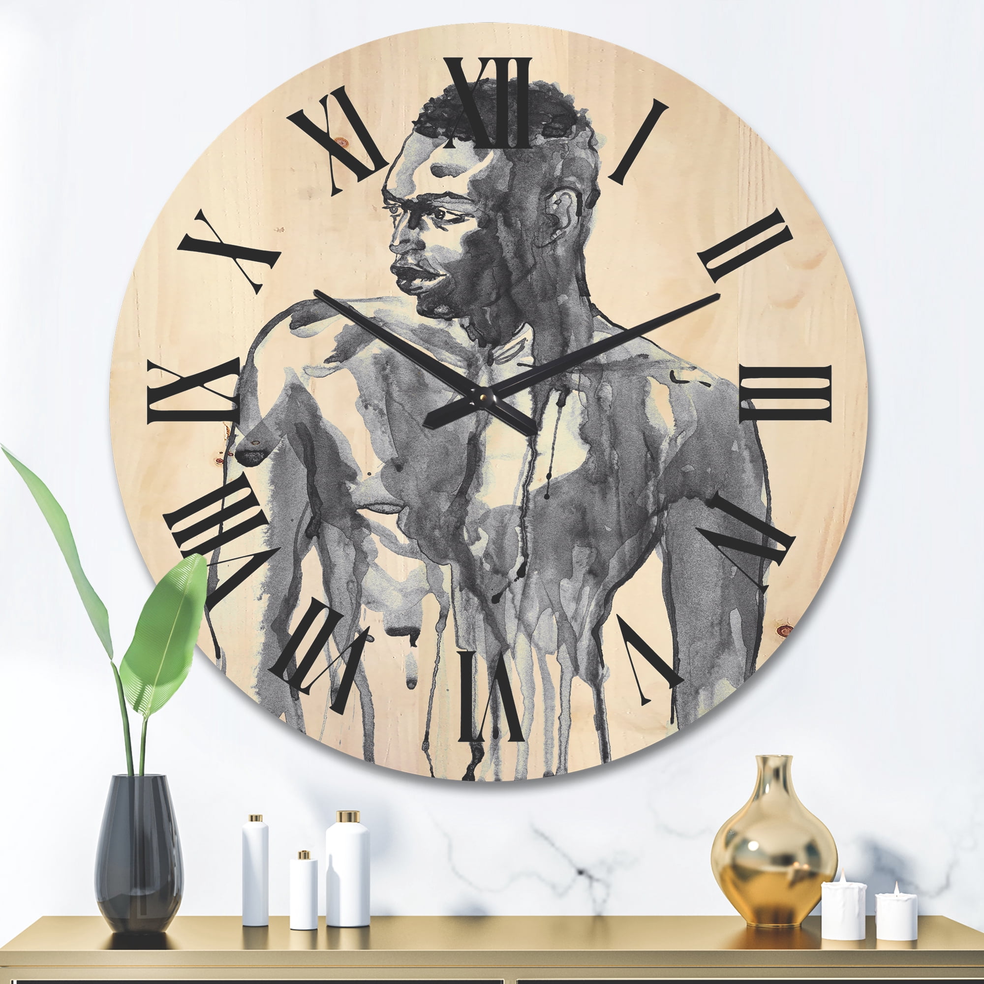 Designart 'Portrait of Handsome African Man On White I' Modern Wood Wall Clock