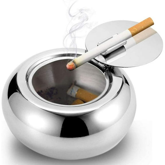 Drum Type Stainless Steel Lidded Ashtray with Windproof Lid Cover Ashtray with Lid for Outdoor Indoor Use