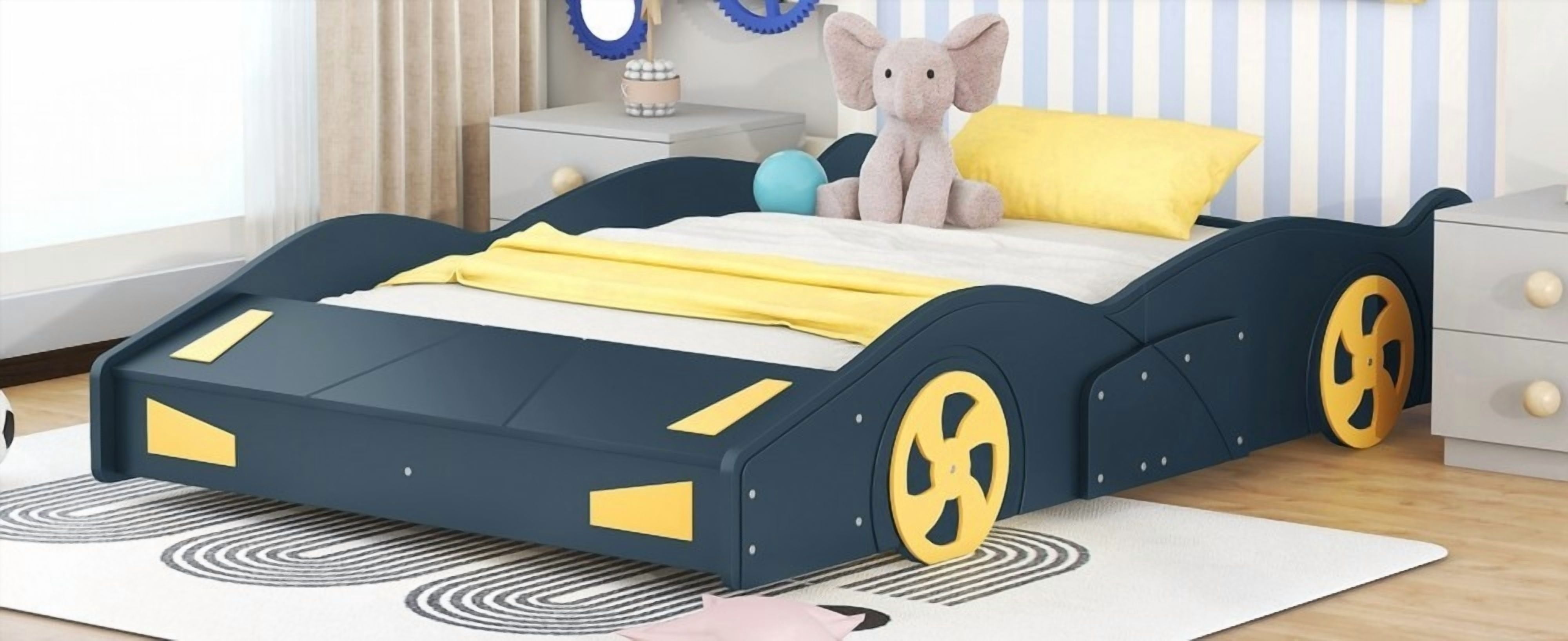 Full Size Race Car Bed with Storage & Wheels - Dark Blue+Yellow
