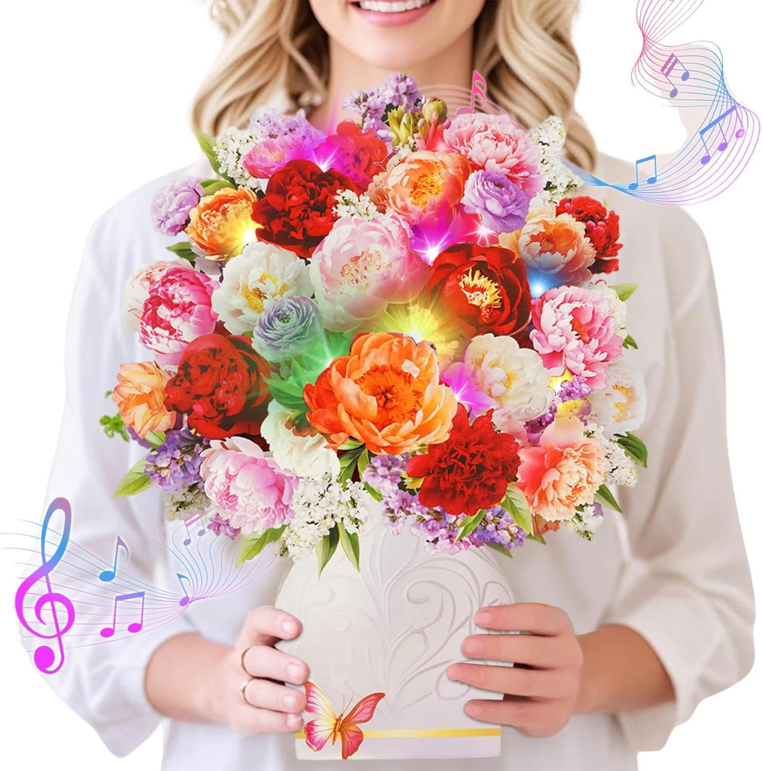 Mothers Day Card for Women, Flower Bouquet 3D Card, Mothers Day Gifts with Music and Light, Gifts for Mom, Women, Sister, Wife (Peony)